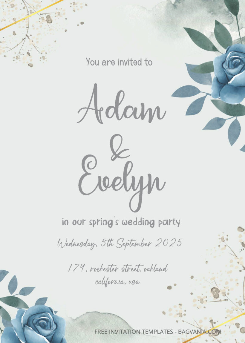 FREE PDF Invitation - Blue Roses Wedding Invitation Templates