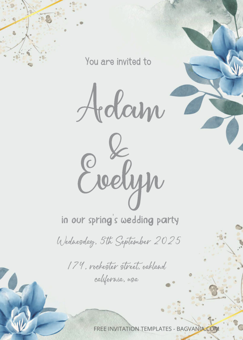 FREE PDF Invitation - Blue Roses Wedding Invitation Templates