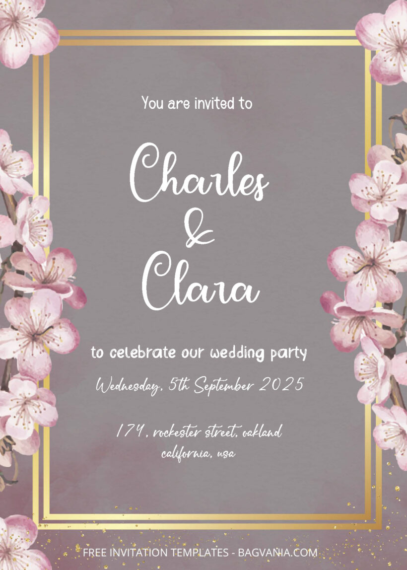 FREE PDF Invitation - Cherry Blossom Floral Wedding Invitation Templates