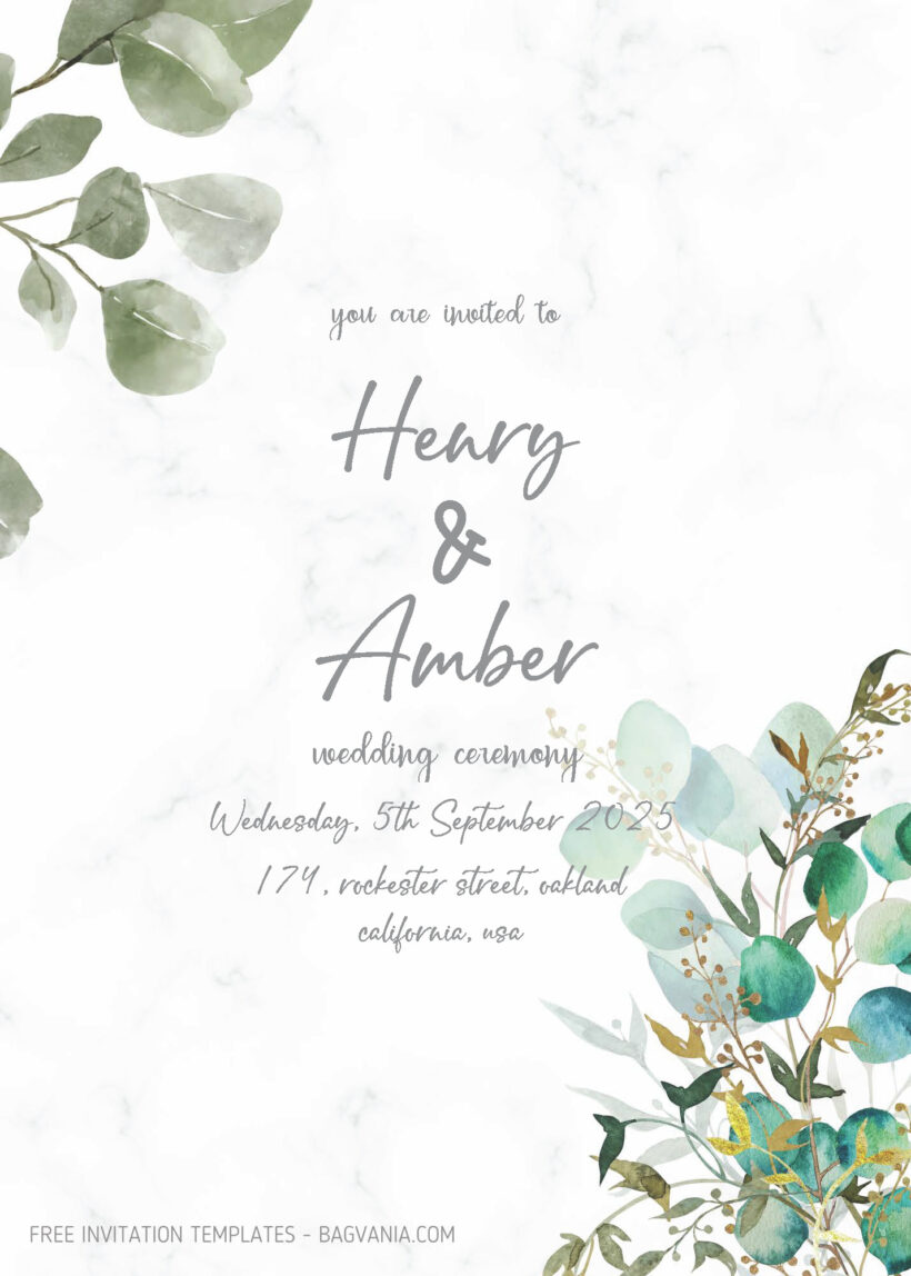 FREE PDF Invitation - Eucalyptus Leaves Wedding Invitation Templates