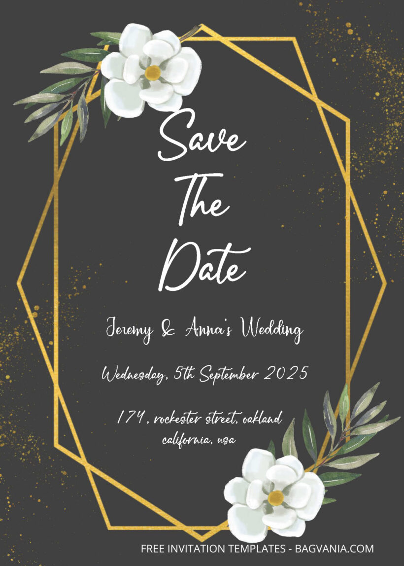 FREE PDF Invitation - Gold Frame With Floral Wedding Invitation Templates