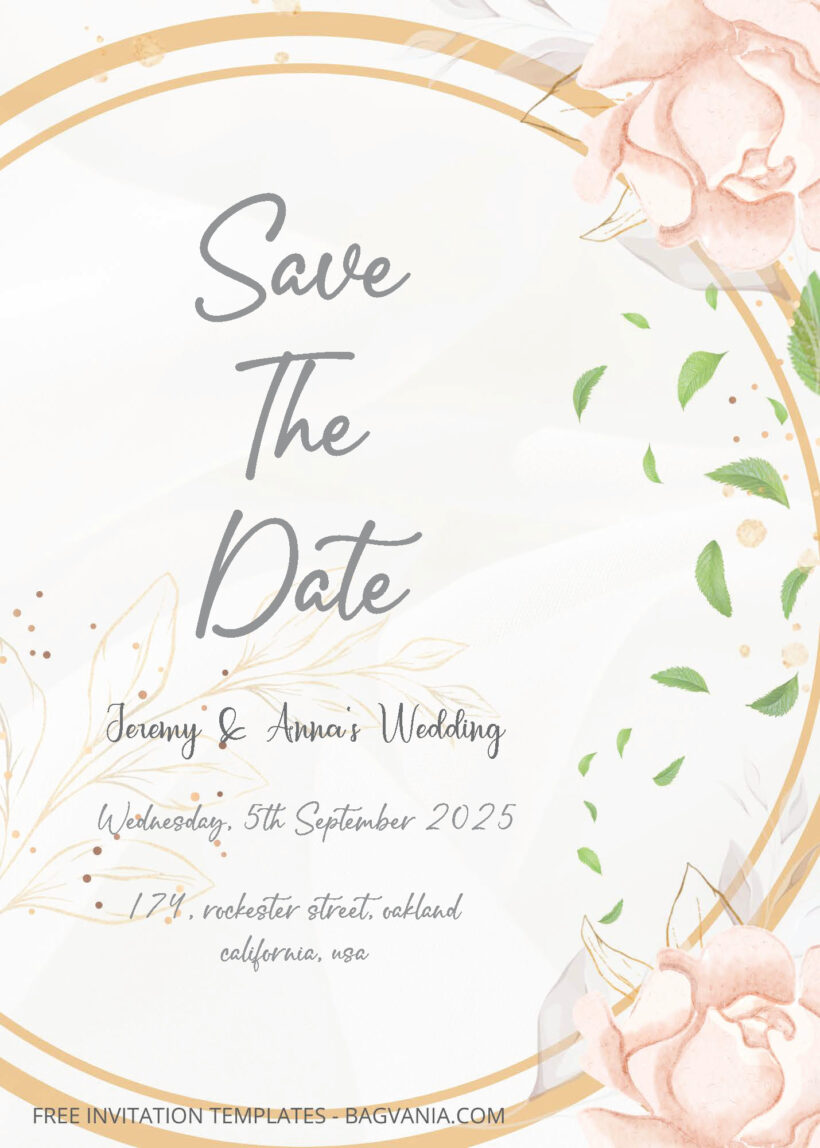 FREE PDF Invitation - Gold Ring with Floral Wedding Invitation Templates