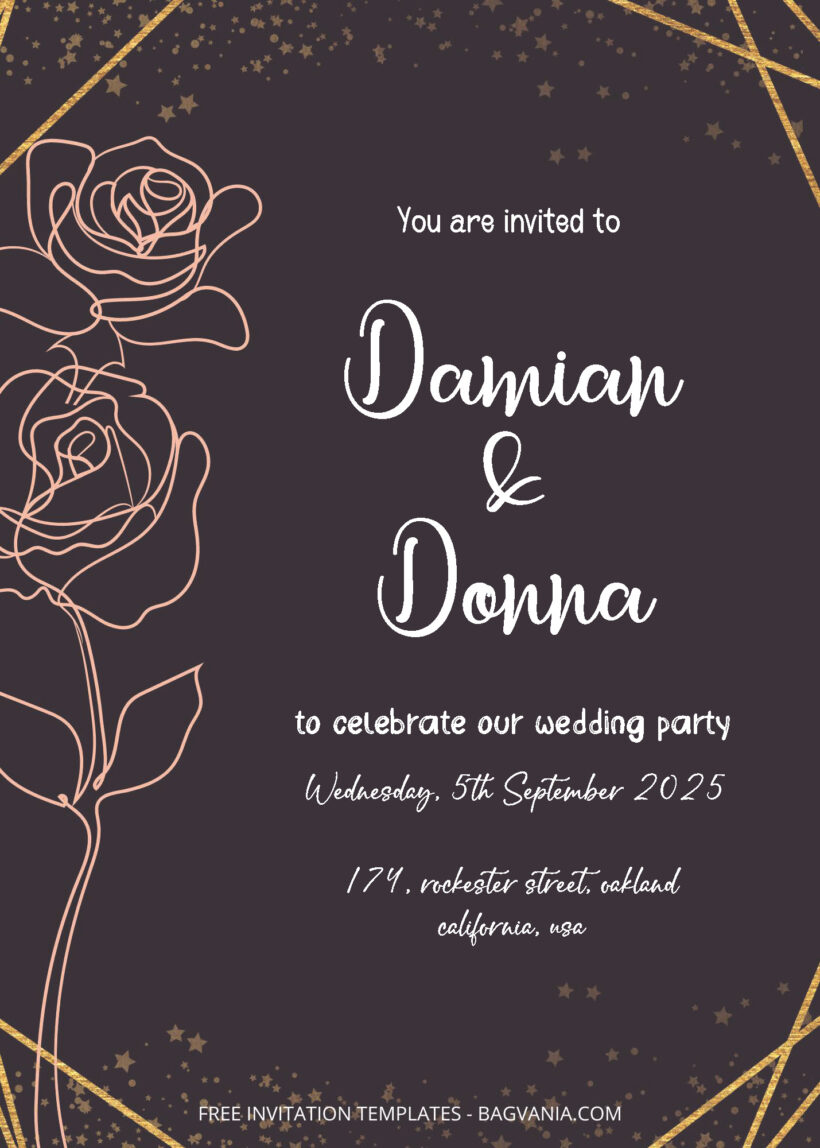 FREE PDF Invitation - Gold Roses Floral Wedding Invitation Templates