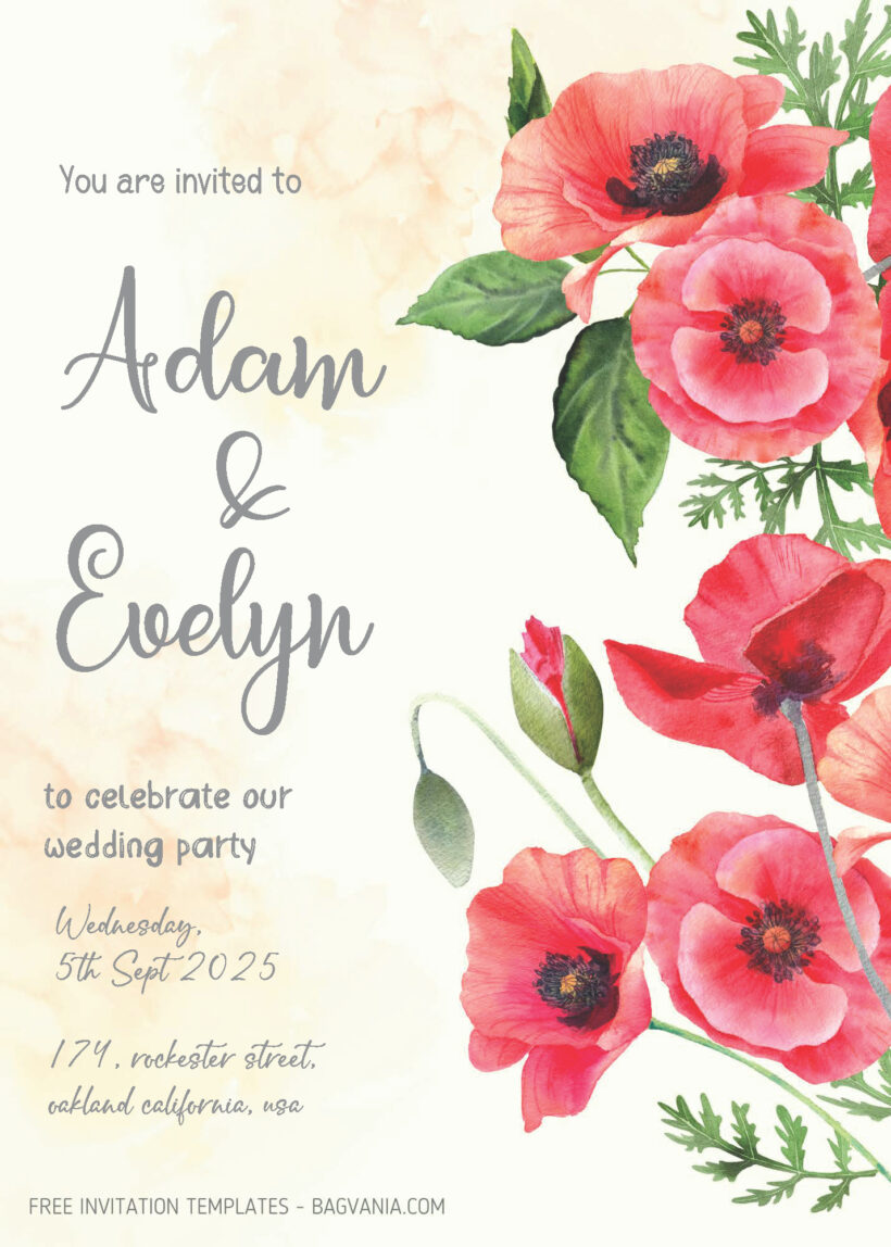 FREE PDF Invitation - Poppy Flower Wedding Invitation Templates