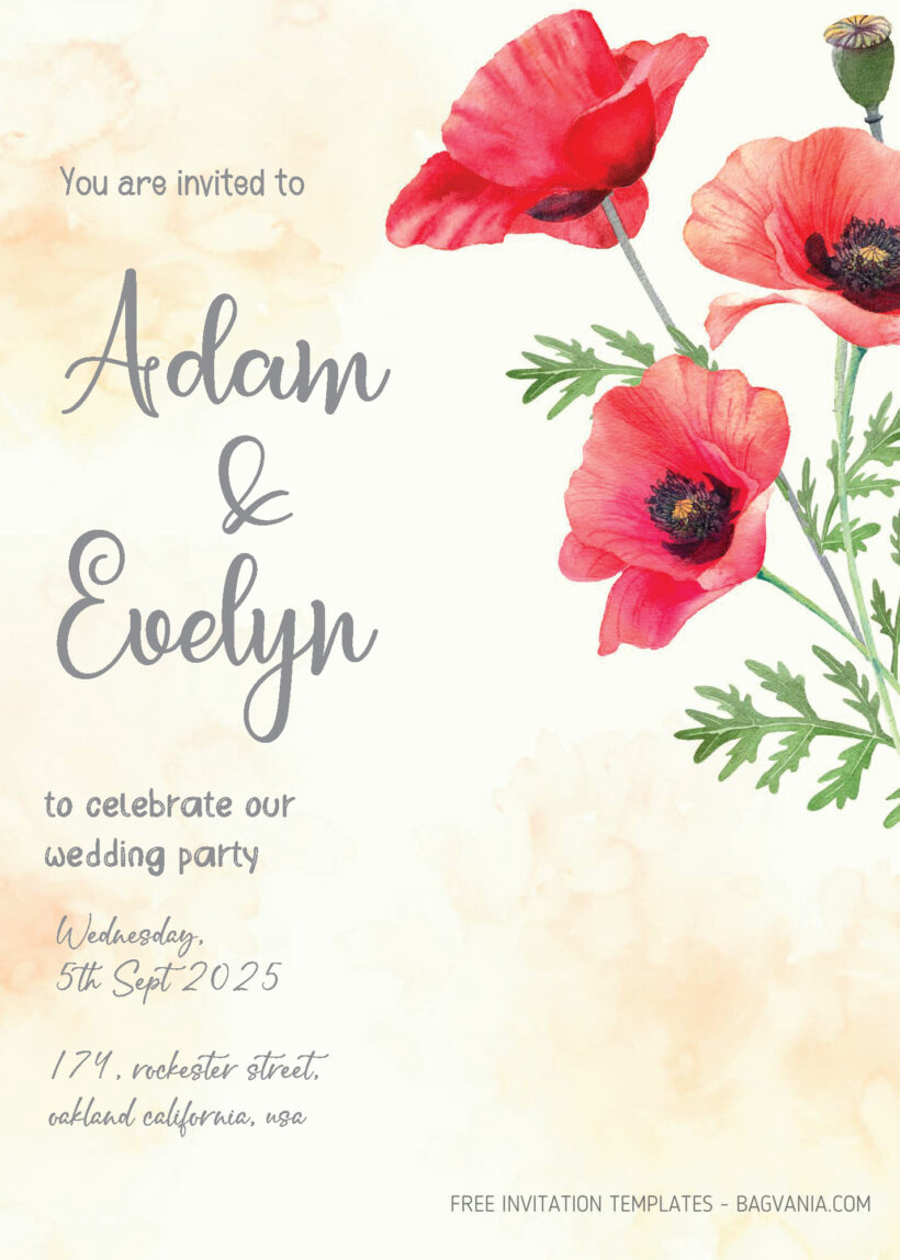 FREE PDF Invitation - Poppy Flower Wedding Invitation Templates
