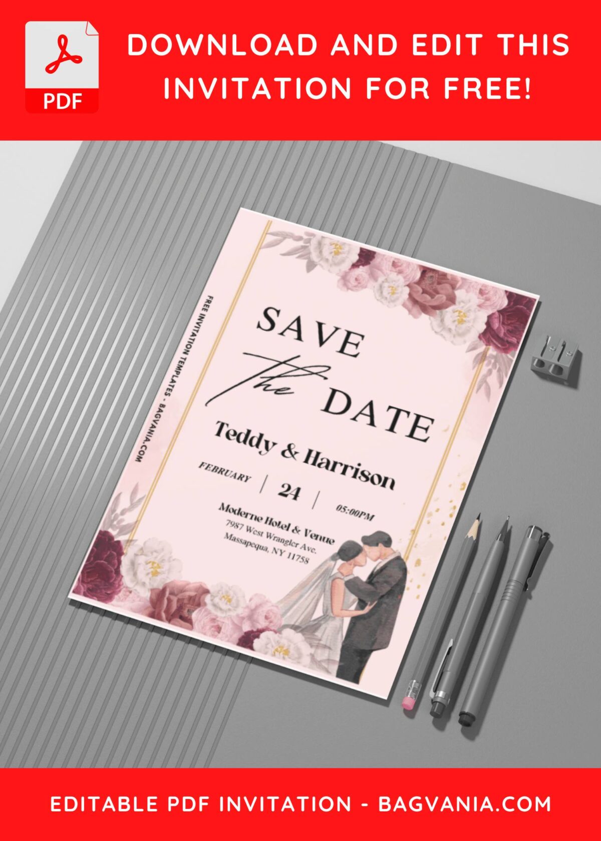 (Easily Edit PDF Invitation) Garden Rose Save The Date Invitation G