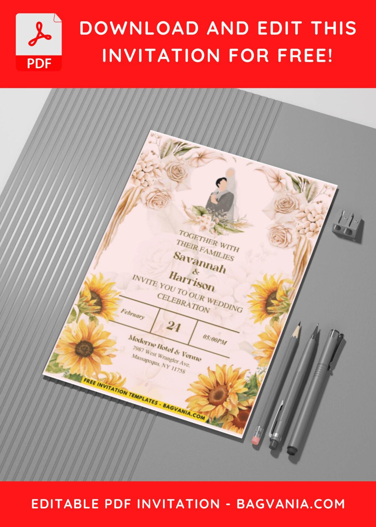 (Easily Edit PDF Invitation) Vintage Sunflower Wedding Invitation C