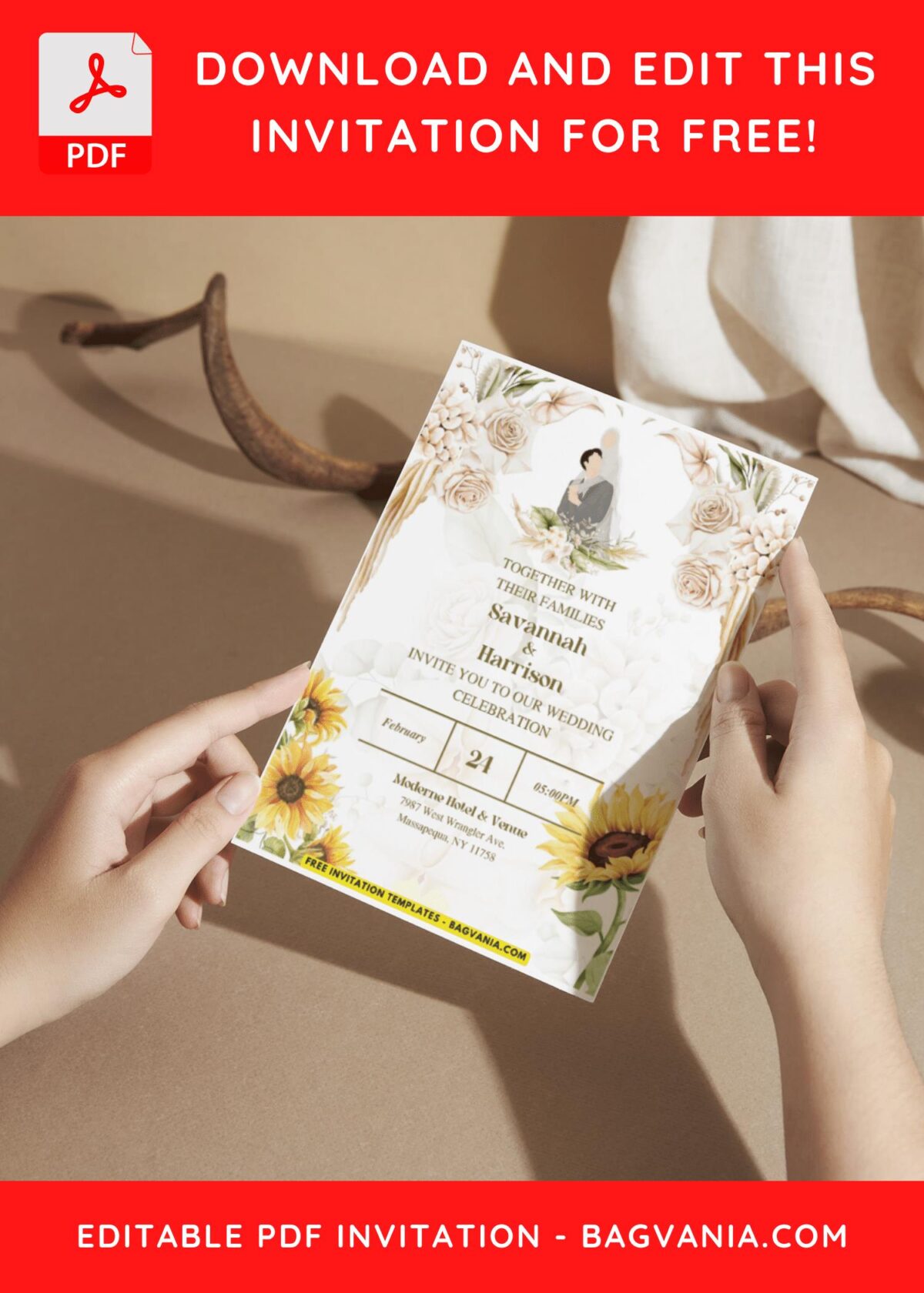 (Easily Edit PDF Invitation) Vintage Sunflower Wedding Invitation H
