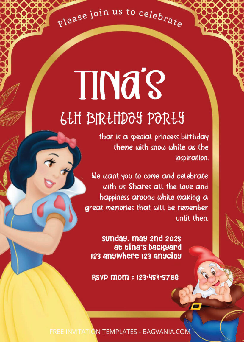 FREE PDF Invitation - Snow White Birthday Invitation Templates
