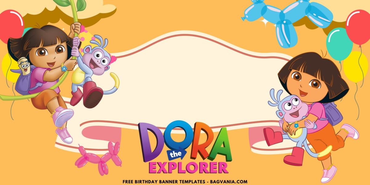 (Free Canva Template) Roaring Fun Dora & Friends Birthday Banner Templates I