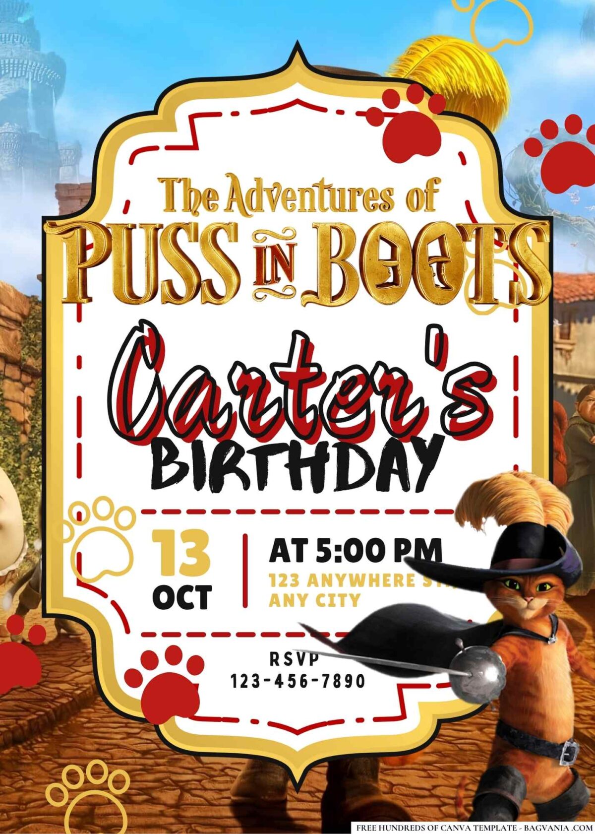 FREE Editable Puss in Boots Birthday Invitations