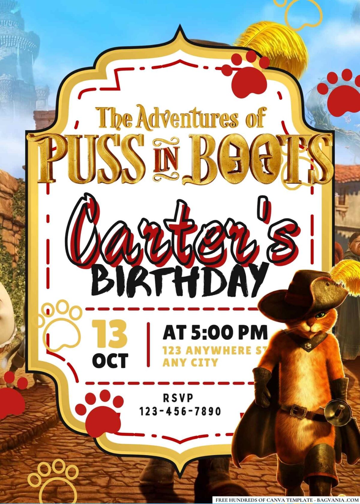 FREE Editable Puss in Boots Birthday Invitations