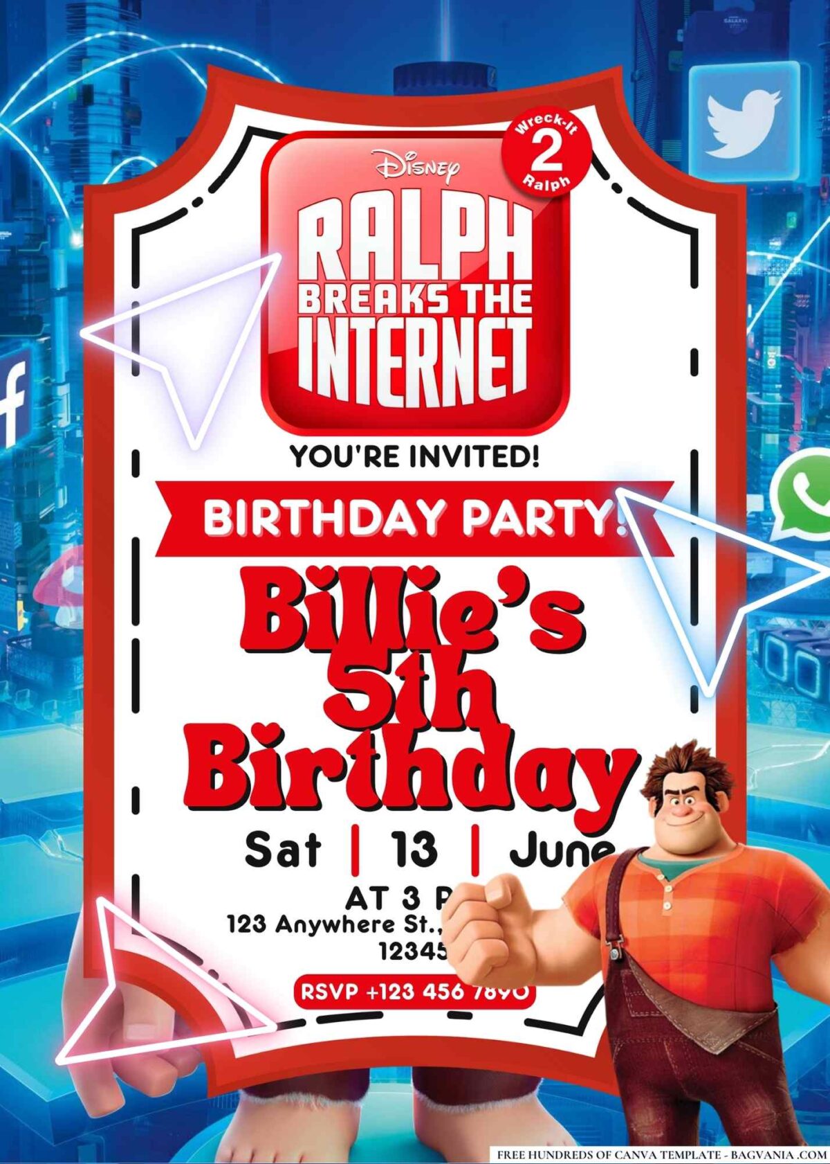 FREE Editable Ralph Breaks the Internet Birthday Invitations