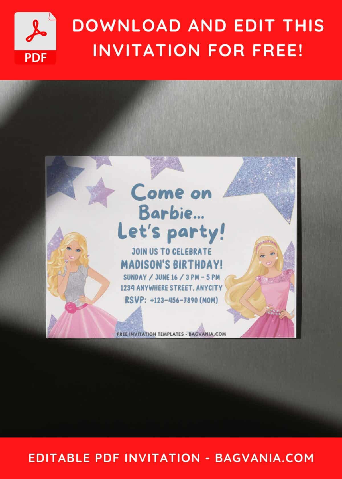 Glitter Star Barbie Birthday Invitation with pink text