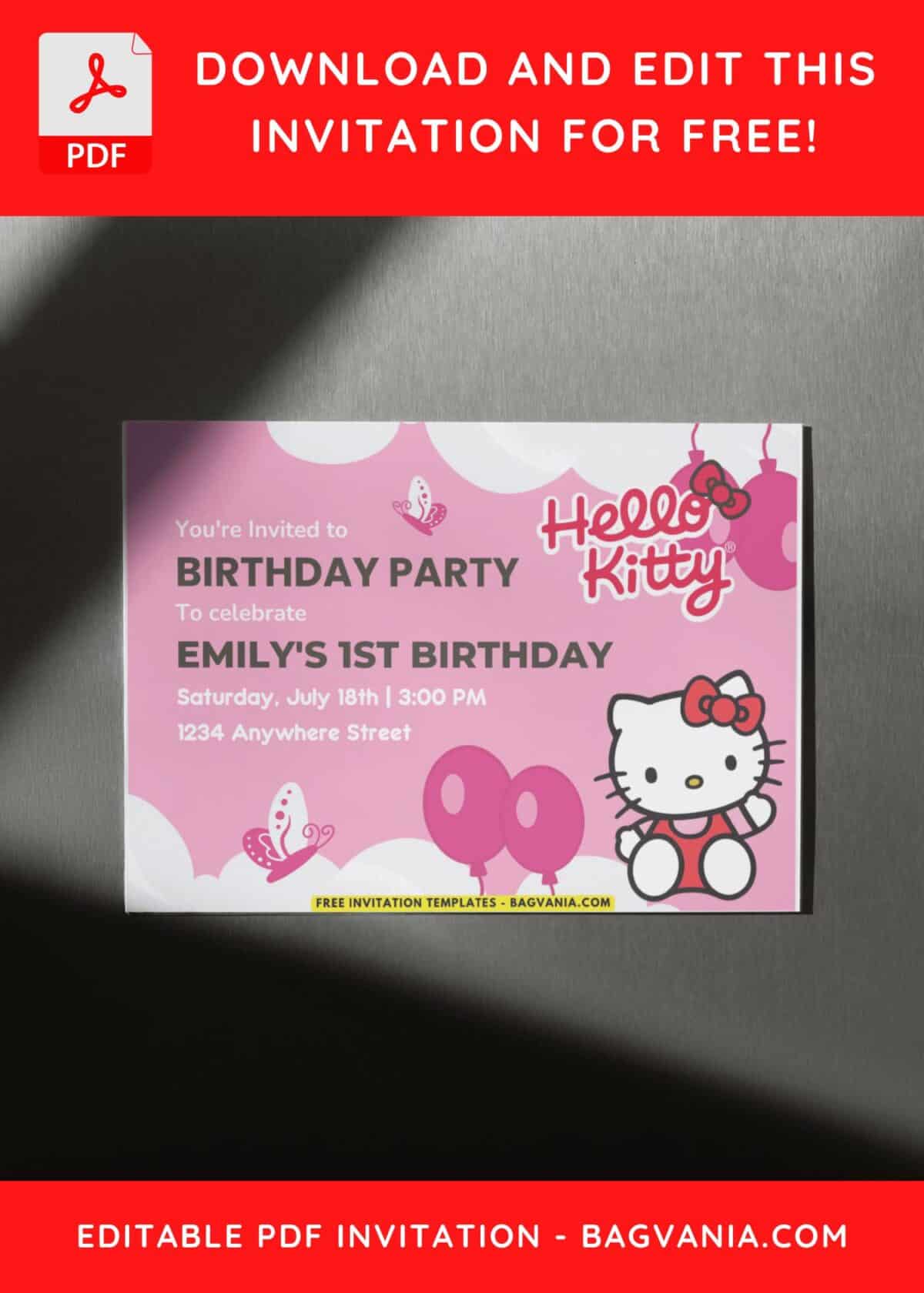 Hello Kitty Girl Birthday Invitation with editable text