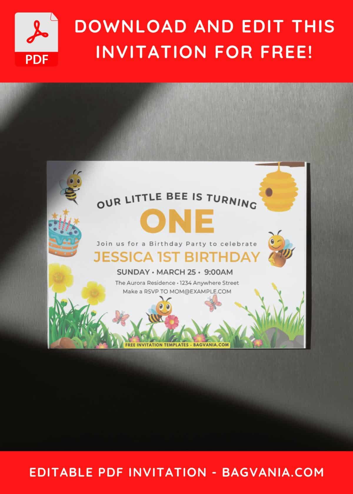 Bee 1st Birthday Invitation With Editable Text