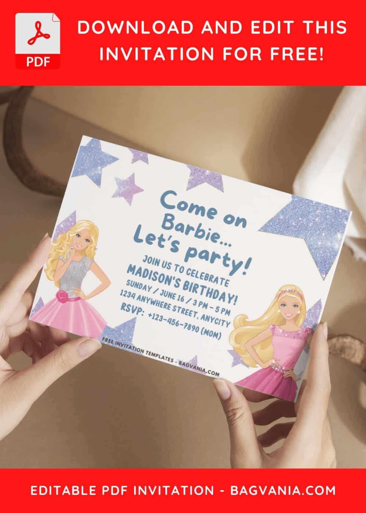 Glitter Star Barbie Birthday Invitation with Pink Glitter stars