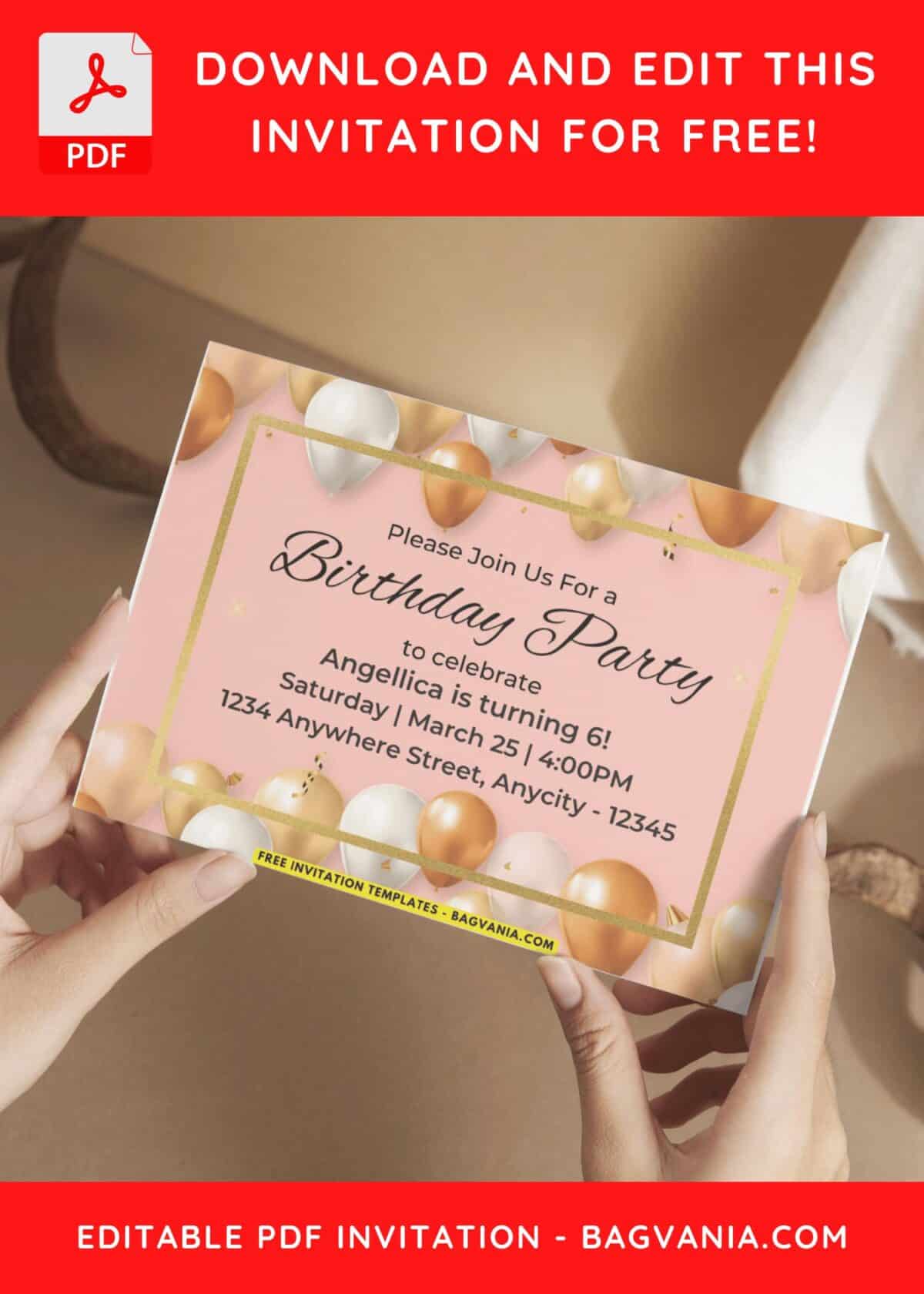 Silver And Gold Balloons Birthday Invitation with Aesthetic Balloon border