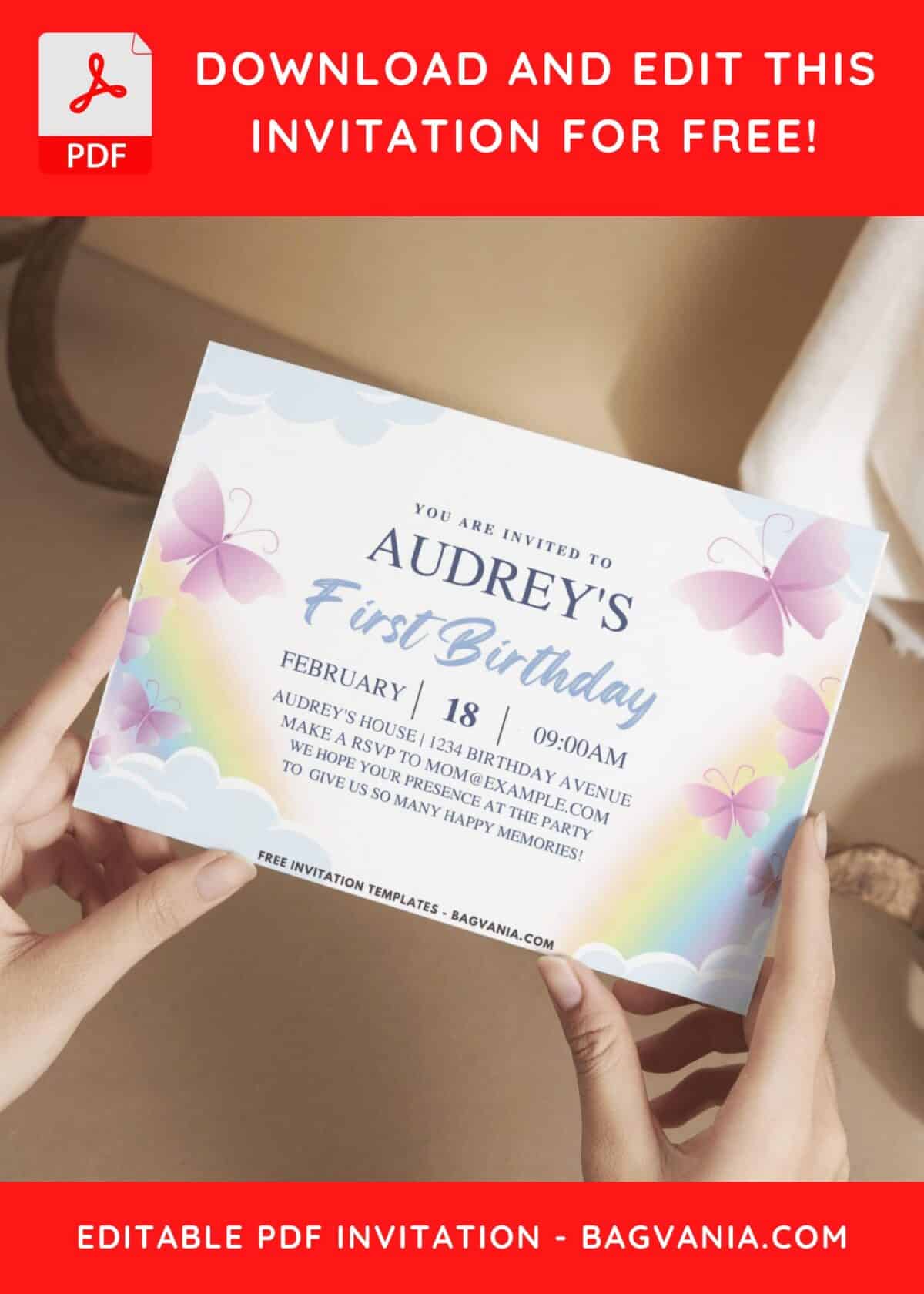 Butterfly kids invitation with rainbow border