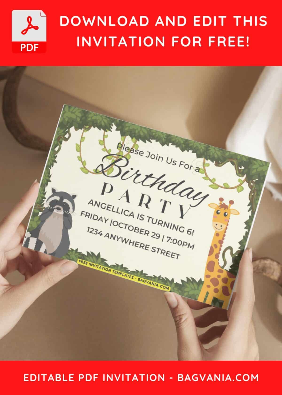 Woodland Birthday Bash Invitation with racoon and giraffe