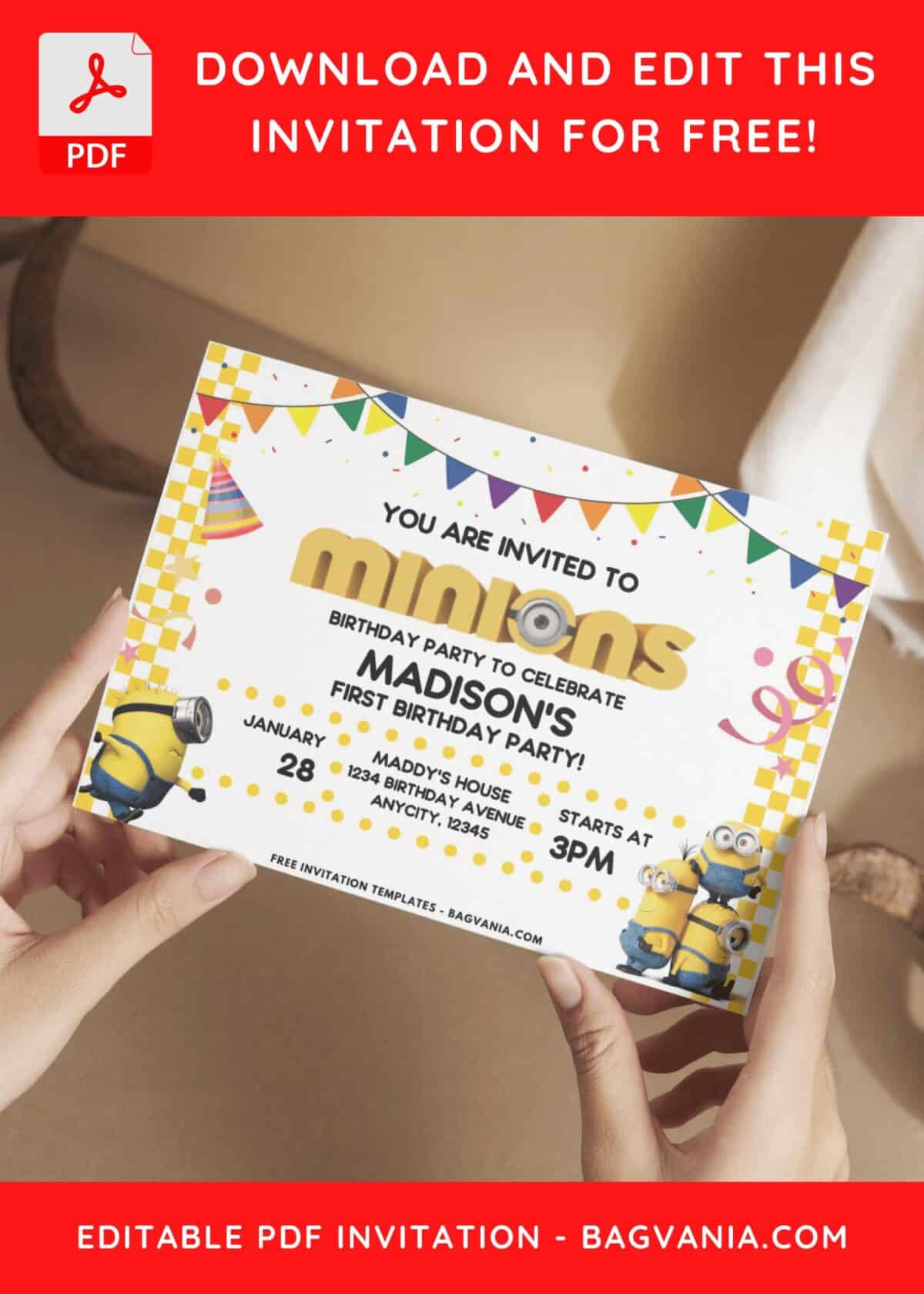 Preview Of Minions Invitation with confetti and birthday hat