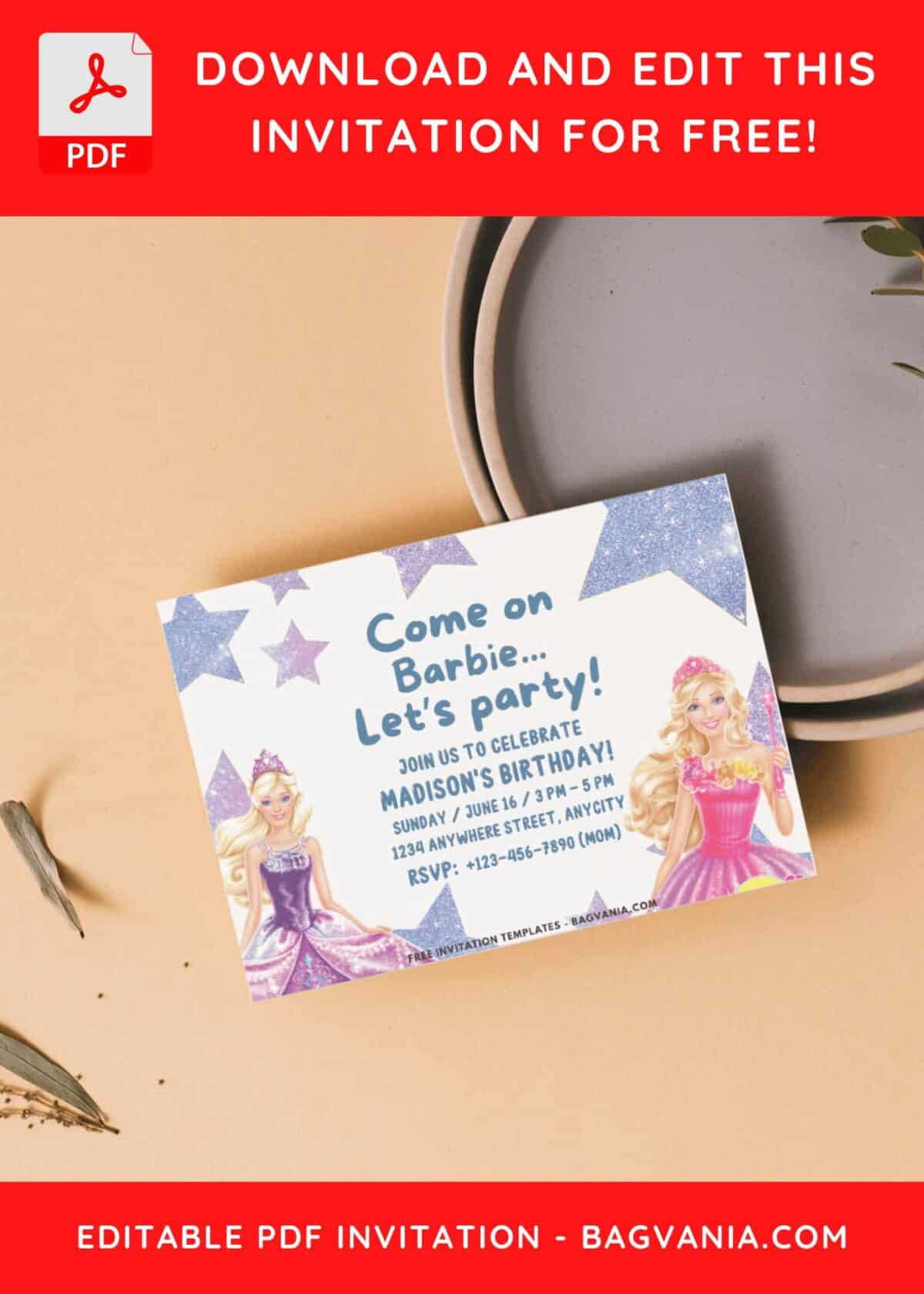 Glitter Star Barbie Birthday Invitation