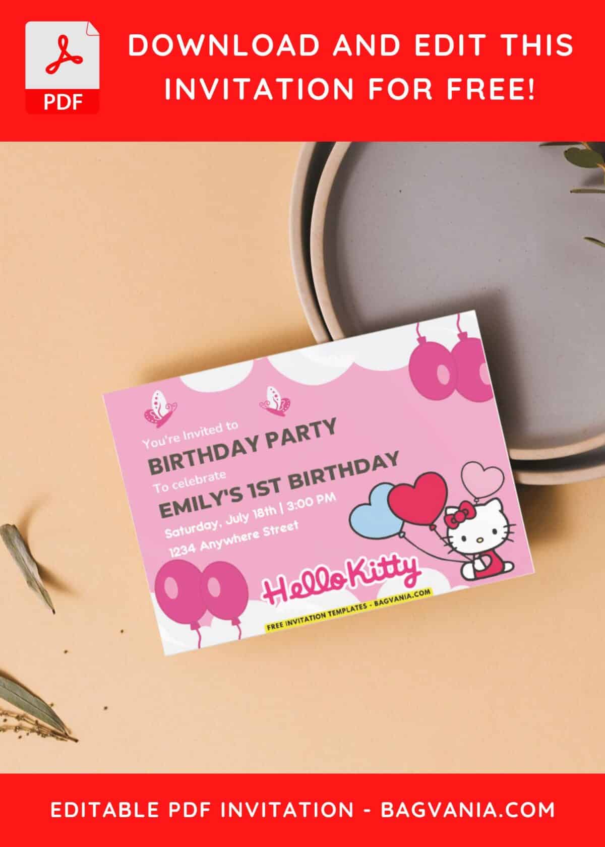 Hello Kitty Girl Birthday Invitation with cute heart shaped balloons