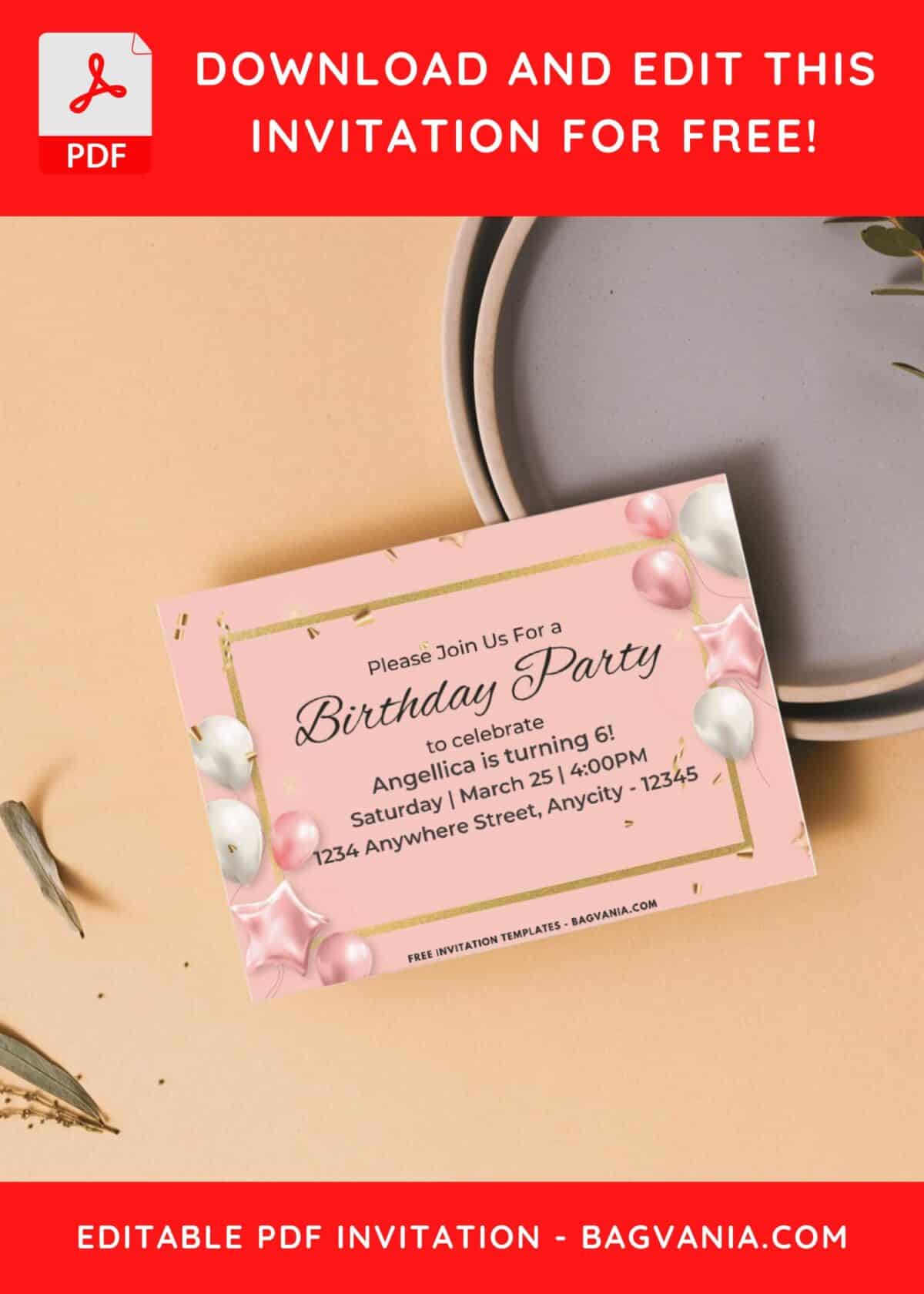 Silver And Gold Balloons Birthday Invitation with Pastel background