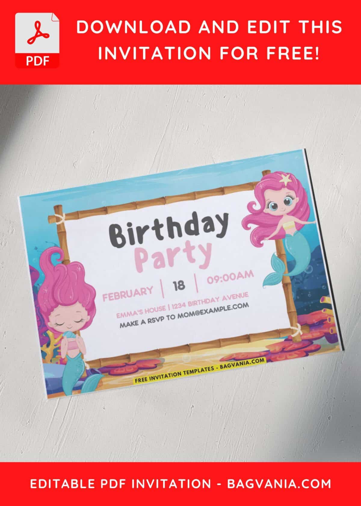 Ocean Theme Birthday Invitation With Pink Haired Mermaid