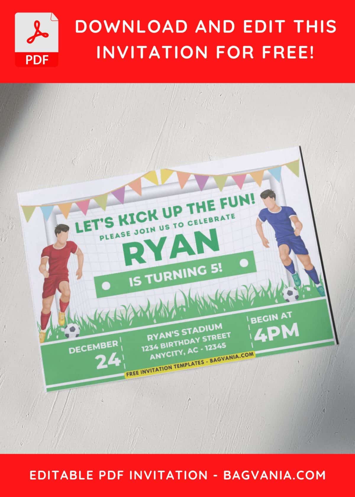 Kids birthday Invitation with Football Players in Red and Blue jersey shirt