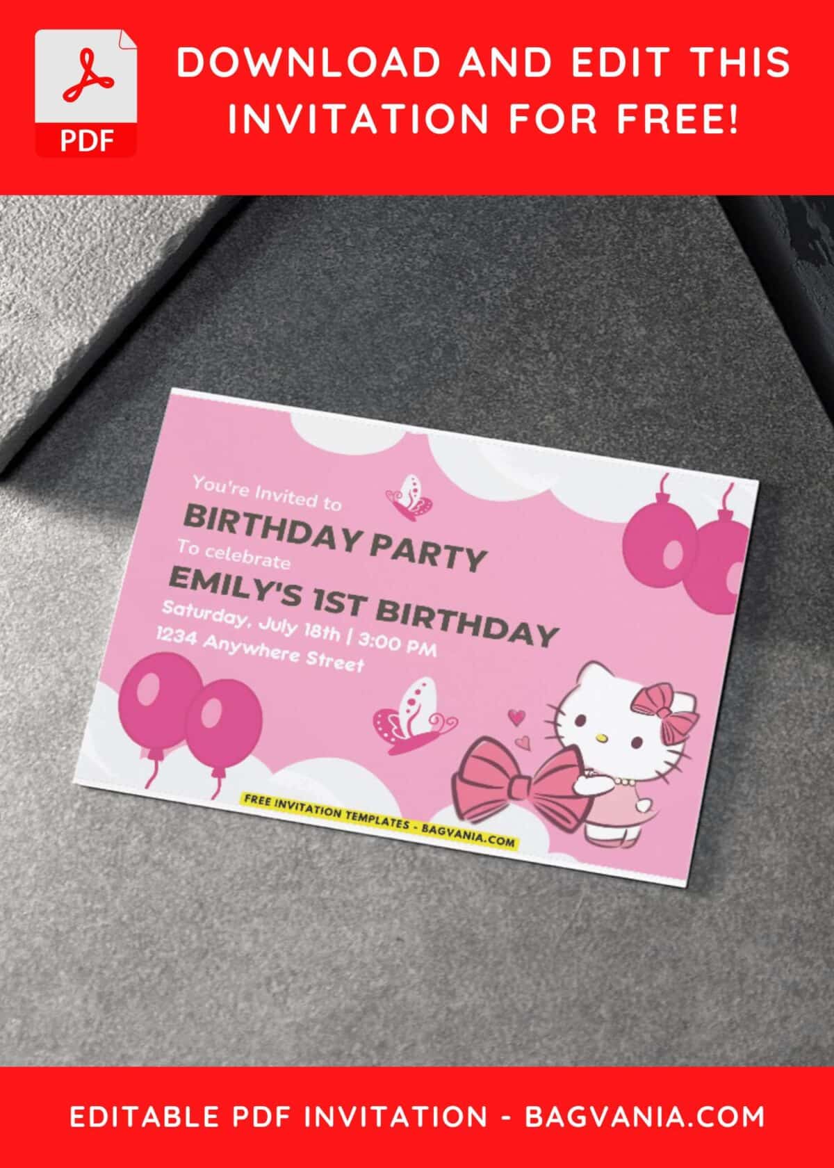 Hello Kitty Girl Birthday Invitation with Pink Butterfly