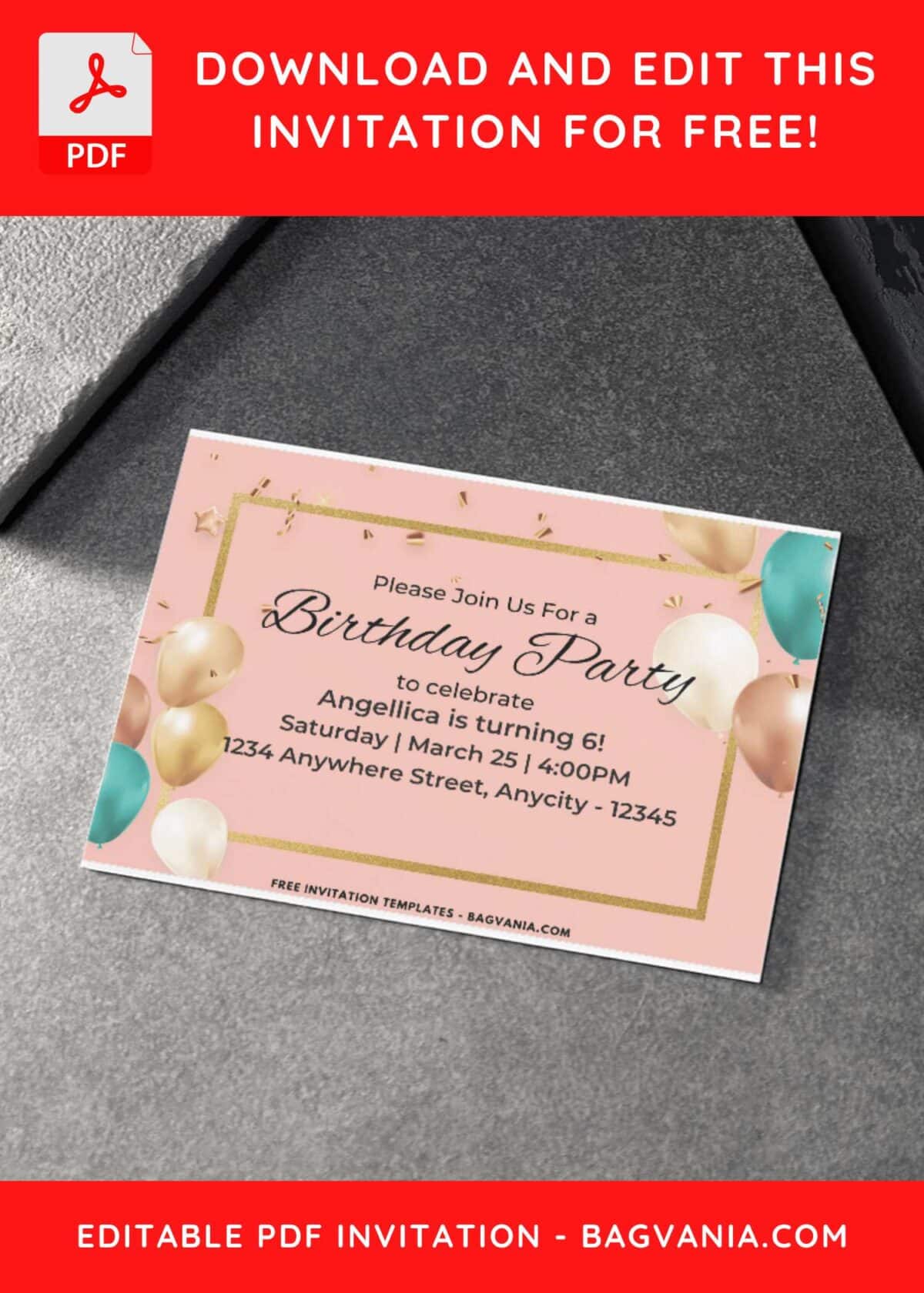 Silver And Gold Balloons Birthday Invitation with Editable Text