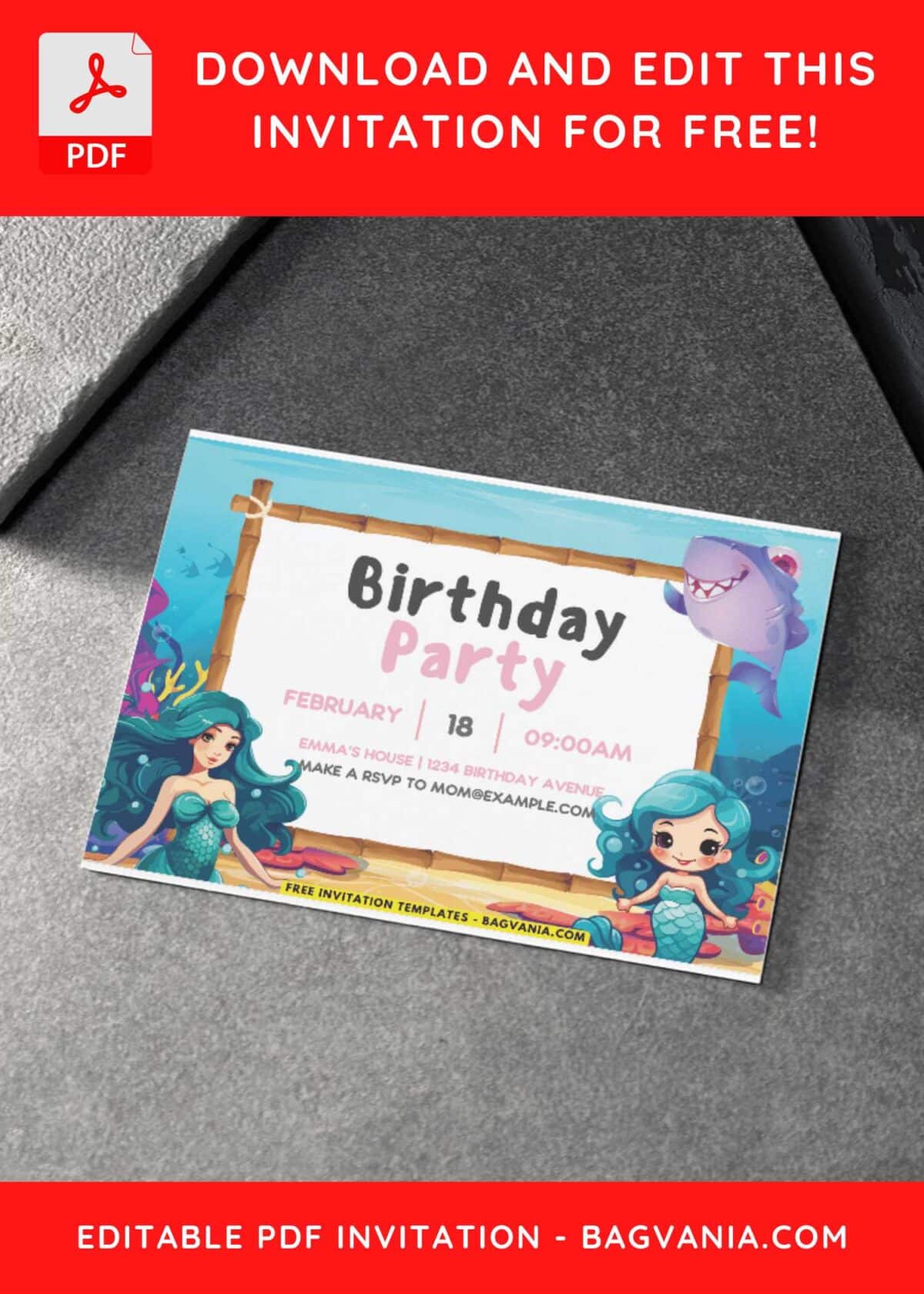 Ocean Theme Birthday Invitation With Purple Haired Mermaid