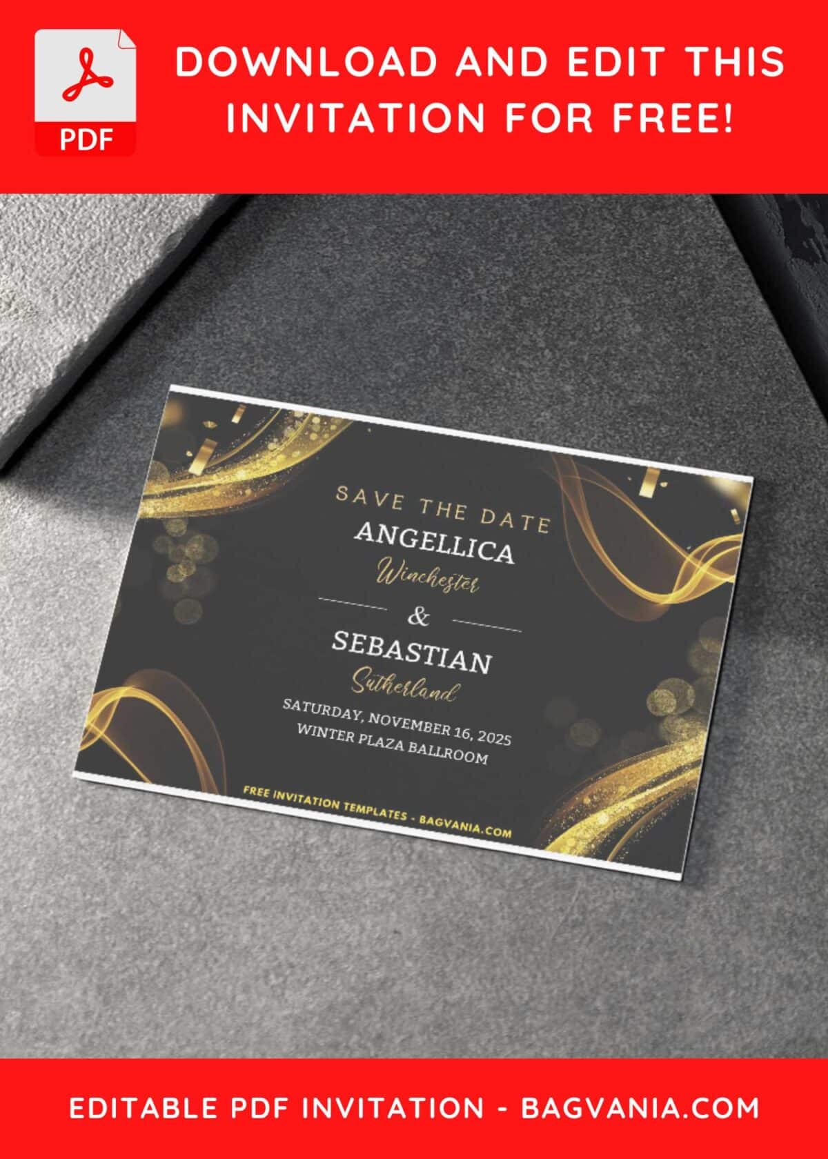 Gold Swirl Wedding Invitation with black background