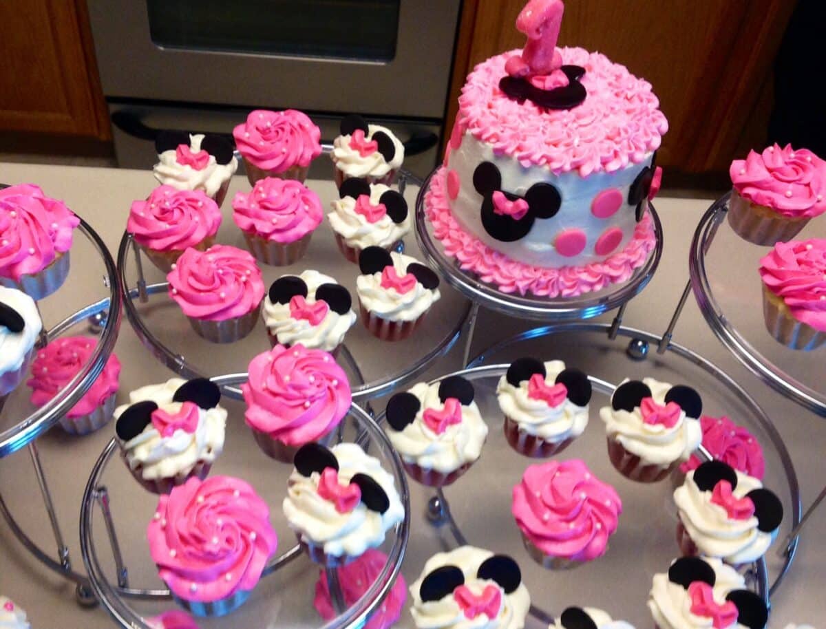 Delicious Minnie Mouse Birthday Cake and Cupcake