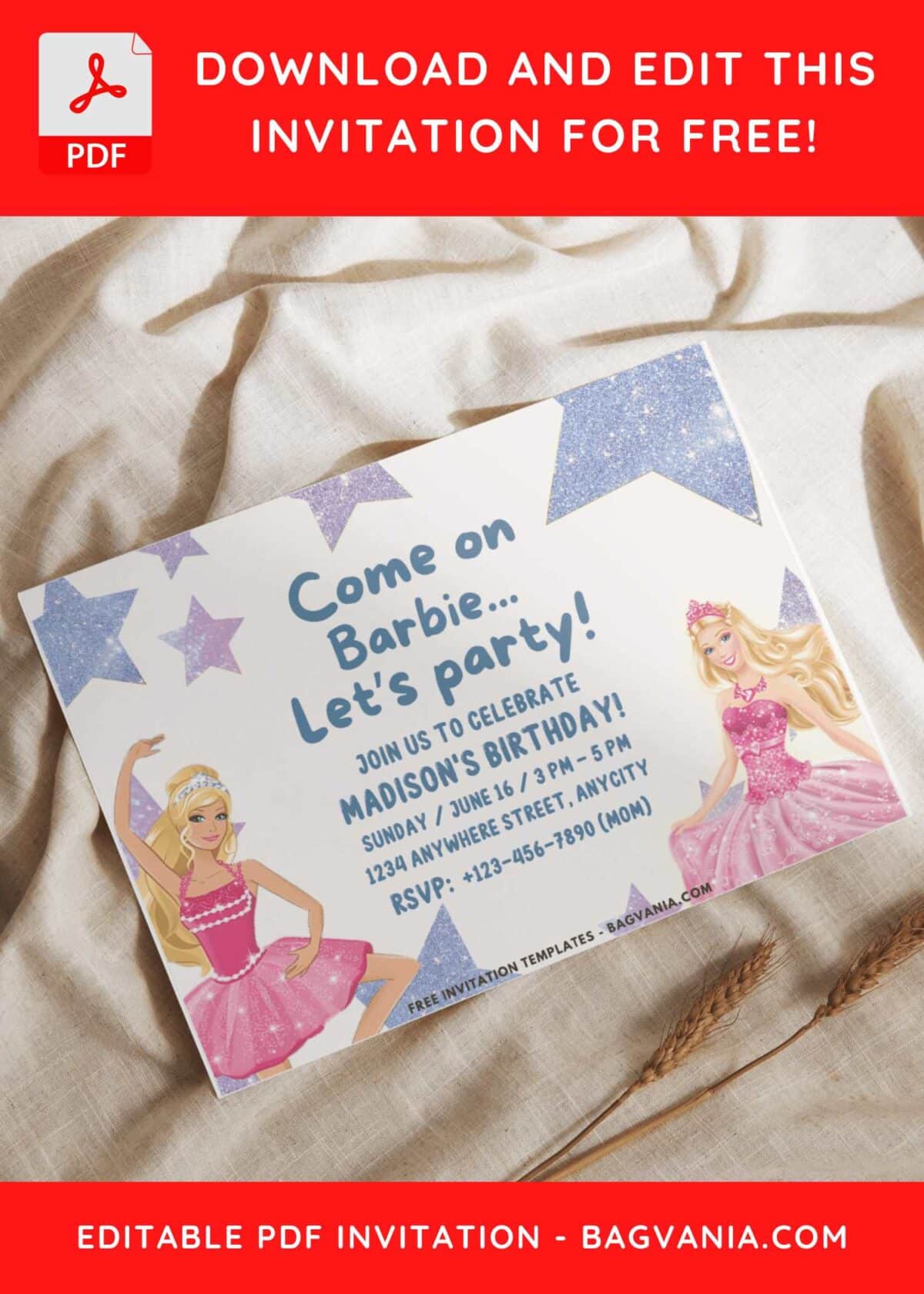 Glitter Star Barbie Birthday Invitation with Editable Text