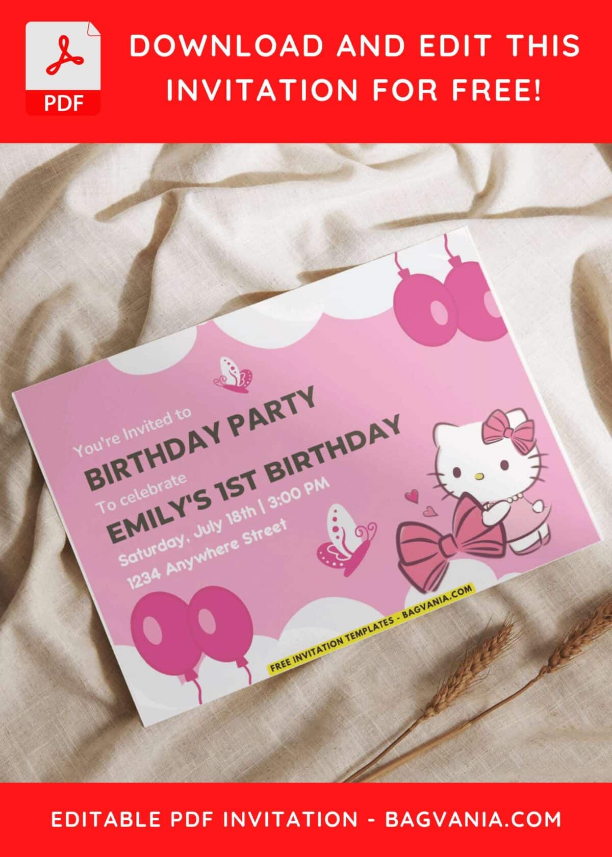 Hello Kitty Girl Birthday Invitation with Adorable Hello Kitty