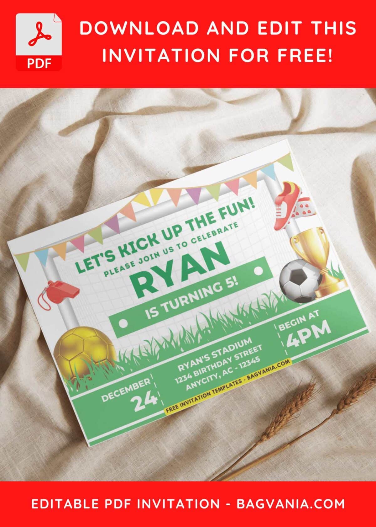 Kids birthday Invitation with golden boot and ball