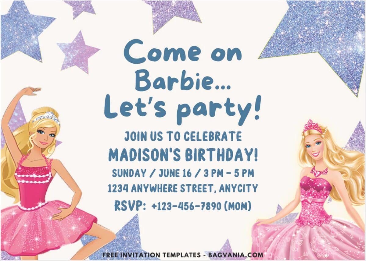 Glitter Star Barbie Birthday Invitation with Beautiful Barbie