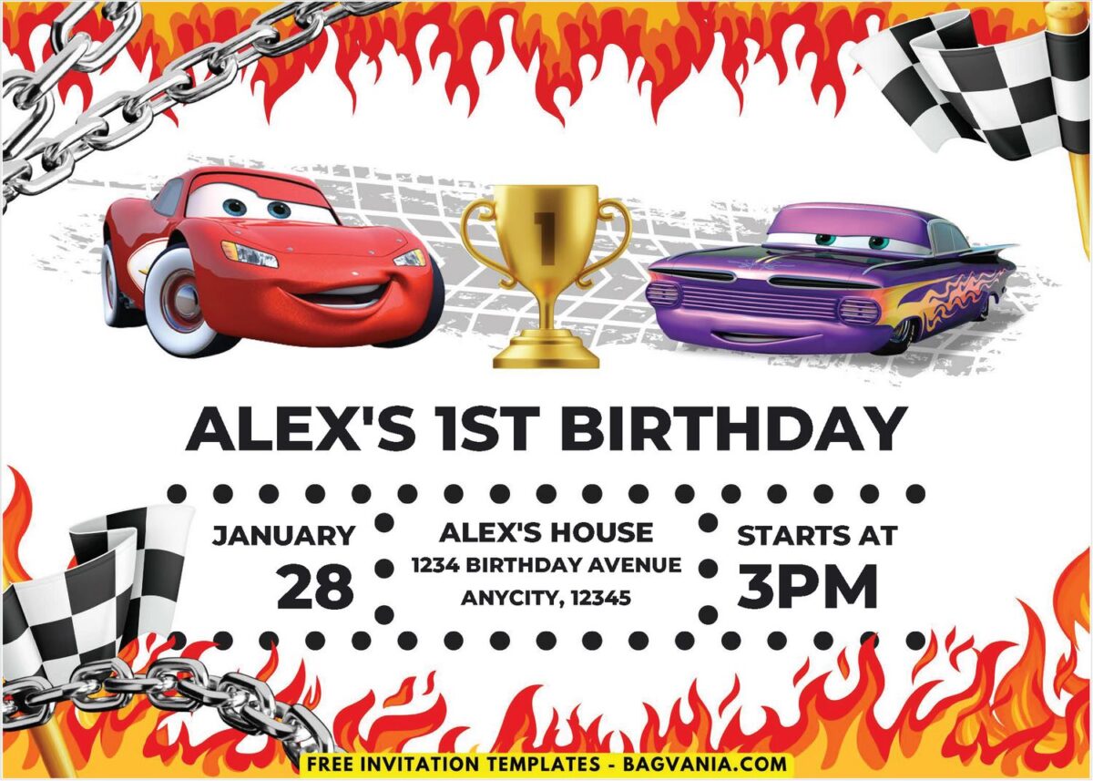 Pixar Cars Birthday Invitation with fire border