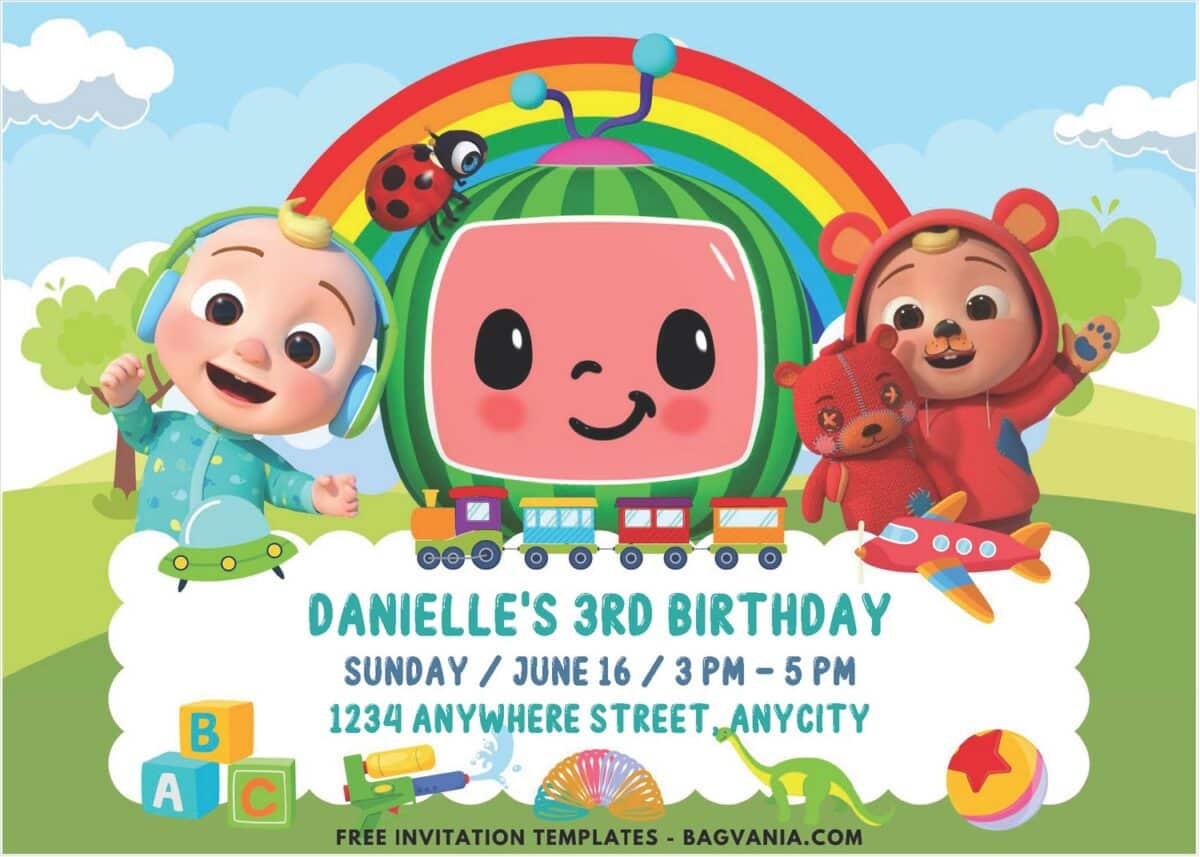 Cocomelon & Toys Birthday Invitation with Watermelon TV