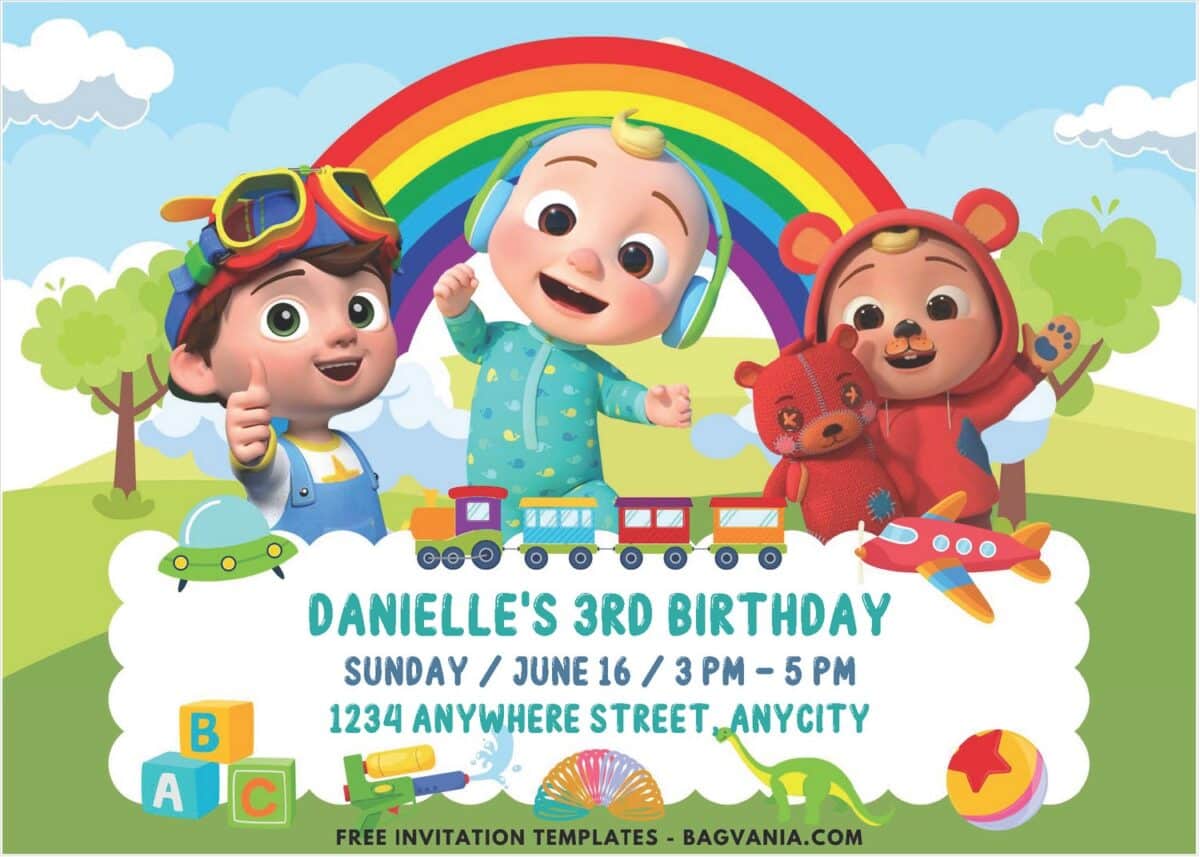 Cocomelon & Toys Birthday Invitation with Rainbow