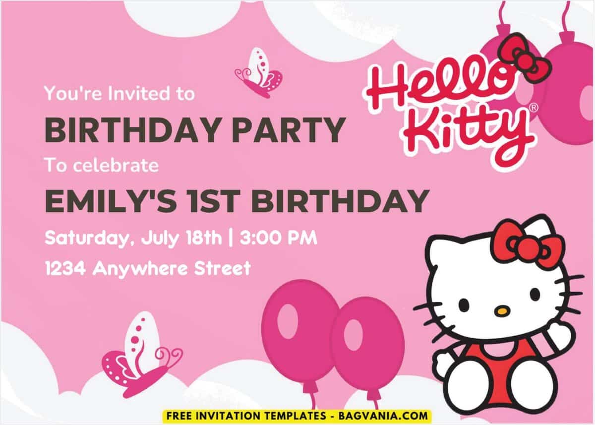 Hello Kitty Girl Birthday Invitation with Pink Balloons