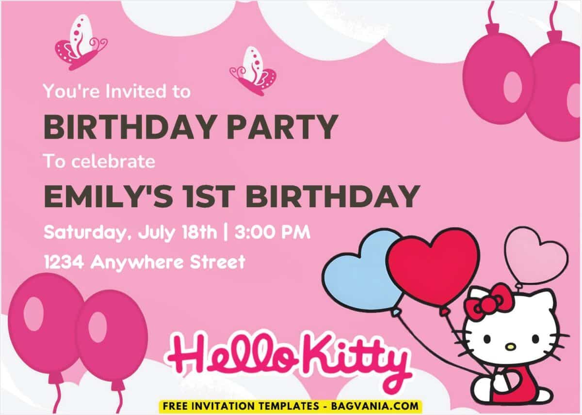 Hello Kitty Girl Birthday Invitation with pink background