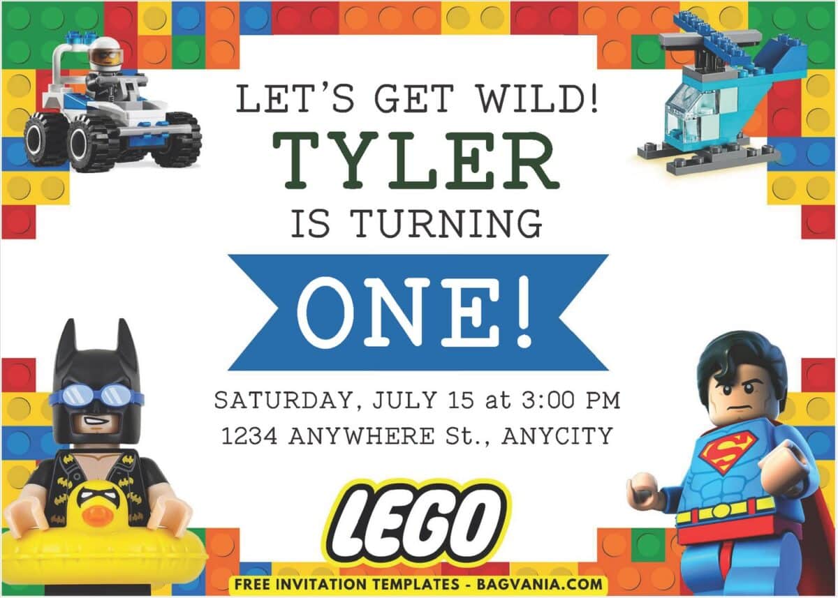 Lego Superheroes & Super Cars Birthday Invitation with Lego Block Background