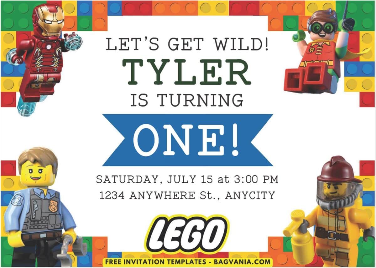 Lego Superheroes & Super Cars Birthday Invitation with Lego Brick Border