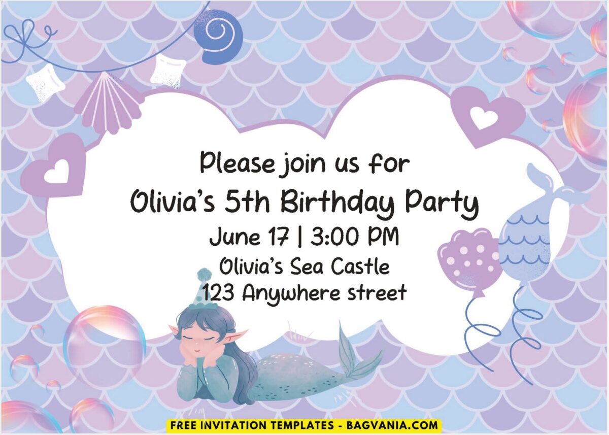 Purple & Pink Mermaid Skin Birthday Invitation