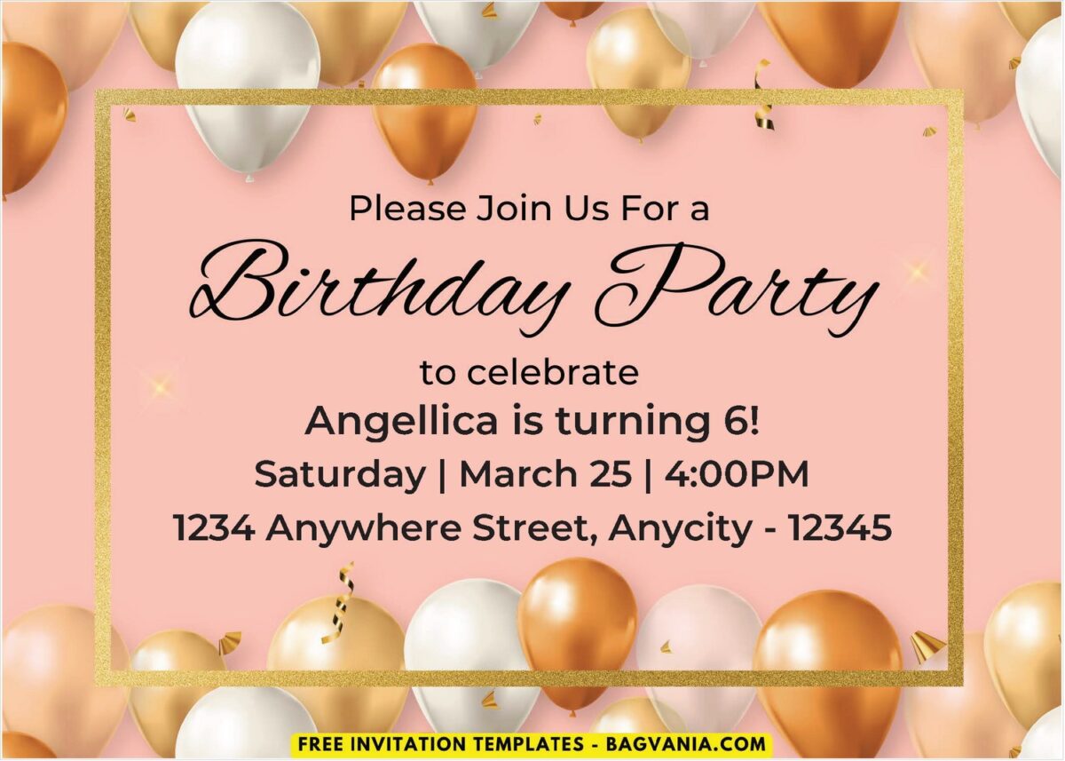 Silver And Gold Balloons Birthday Invitation with Elegant Hand Writing font styles