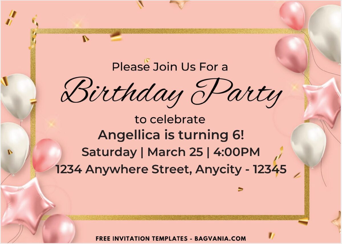 Silver And Gold Balloons Birthday Invitation withgold frame