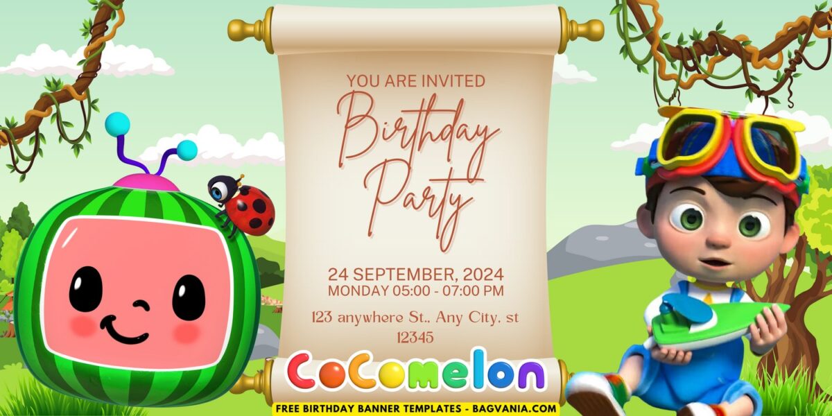 Adorable Cocomelon Birthday Banner with Cocomelon's Watermelon TV and TomTom